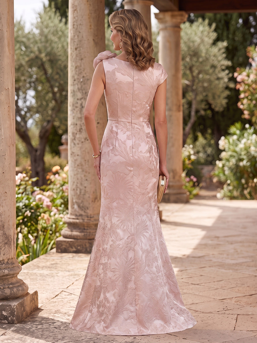 Jacquard Mermaid Asymmetric Neck Ruched Waist 3D Flower Accent Mother of the Bride Dresses