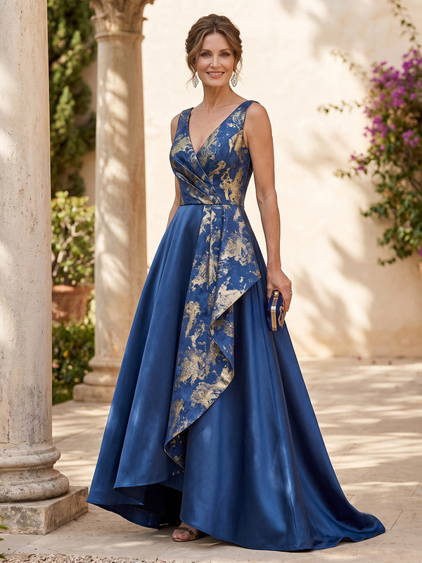 Jacquard A Line V Neck Ruffles High Waist Mother of the Bride Dresses