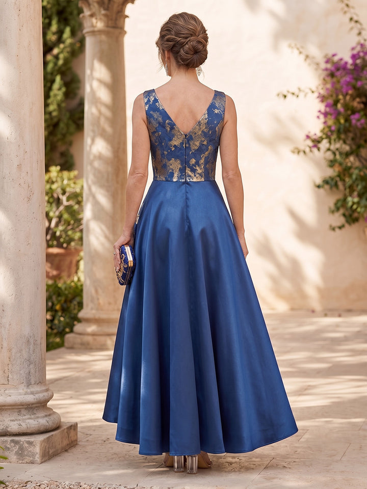 Jacquard A Line V Neck Ruffles High Waist Mother of the Bride Dresses