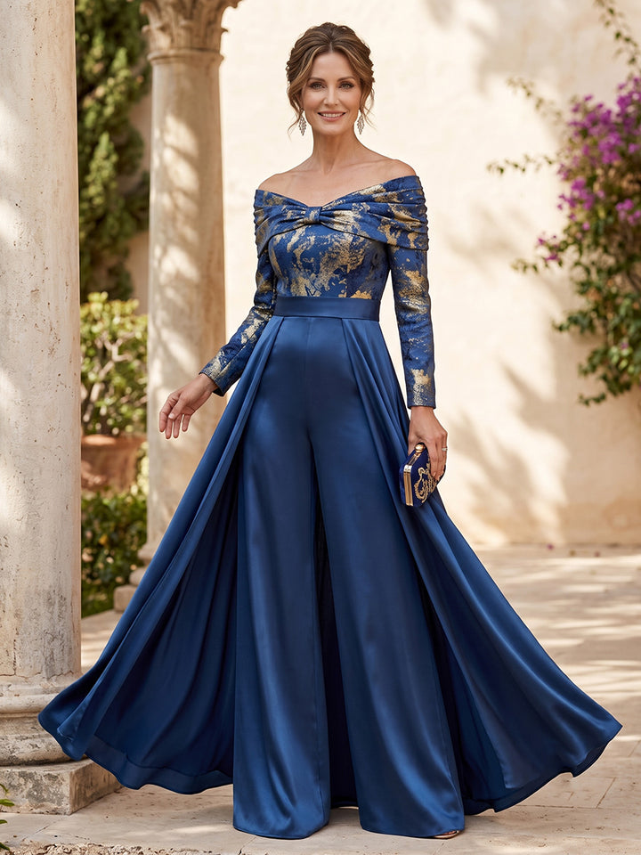 Jacquard A Line Off the Shoulder Formal Jumpsuit Bow Mother of the Bride Dresses
