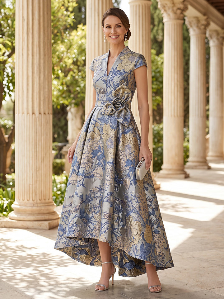 Jacquard A Line V Neck Belted Wais Hi Lo Mother of the Bride Dresses