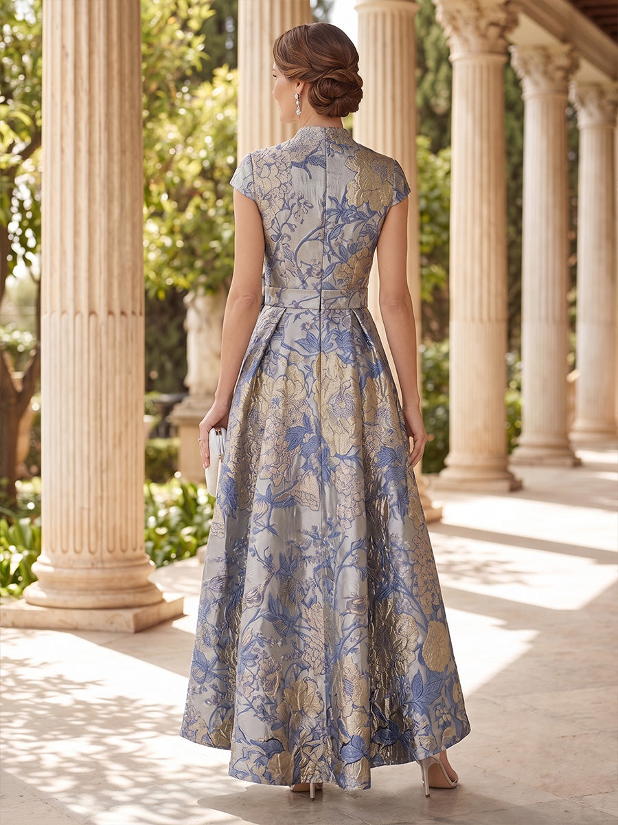Jacquard A Line V Neck Belted Wais Hi Lo Mother of the Bride Dresses