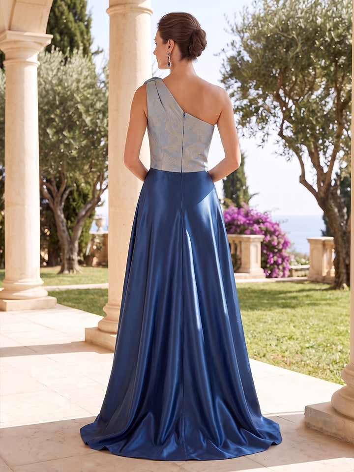Jacquard A Line One Shoulder Ruched Waist with Train Mother of the Bride Dresses