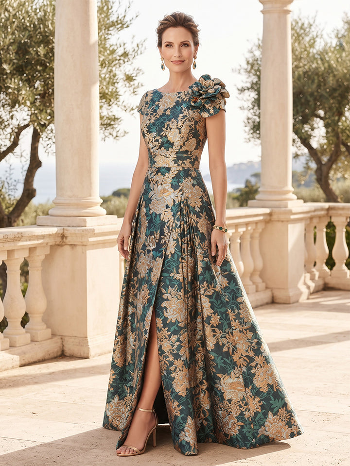 Jacquard A Line Jewel Neck Overskirt Structured Waist Mother of the Bride Dresses