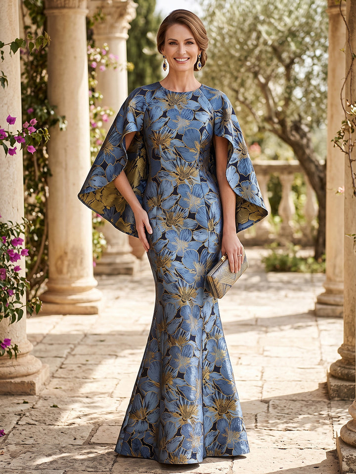 Jacquard Mermaid Round Neck Cape Sleeves High Waist Mother of the Bride Dresses