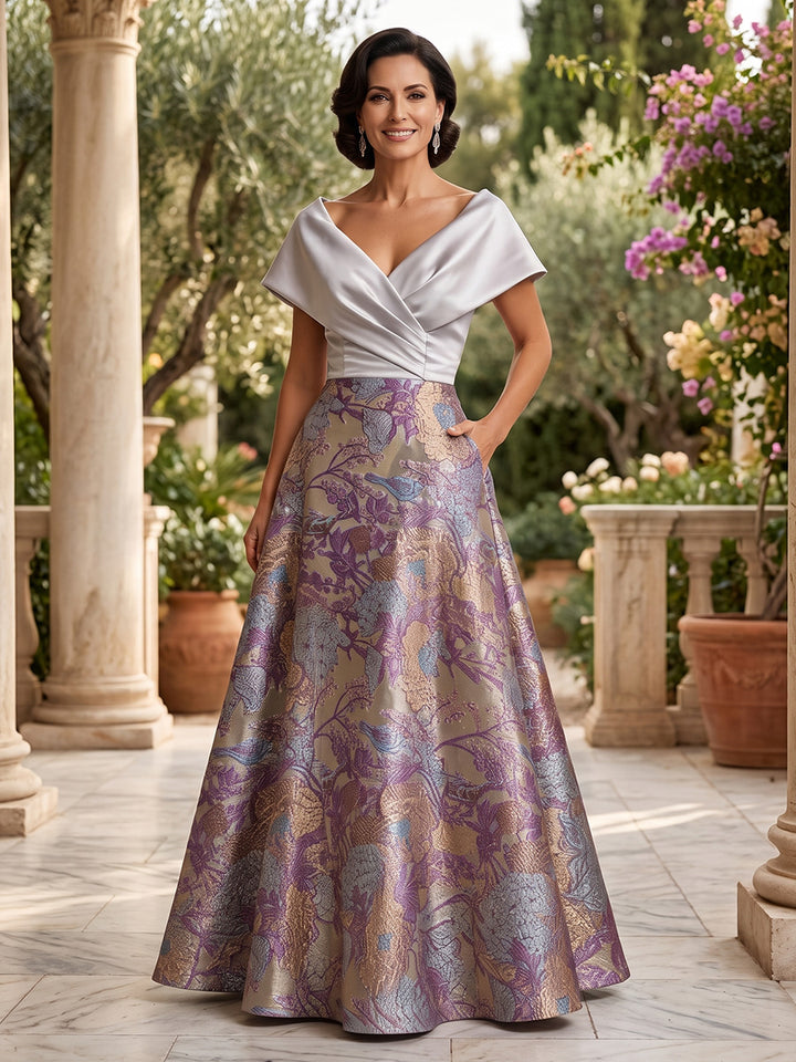 Jacquard A Line Off the Shoulder Bicolor Ruched Waist Mother of the Bride Dresses