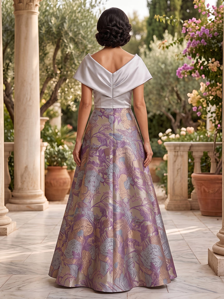 Jacquard A Line Off the Shoulder Bicolor Ruched Waist Mother of the Bride Dresses