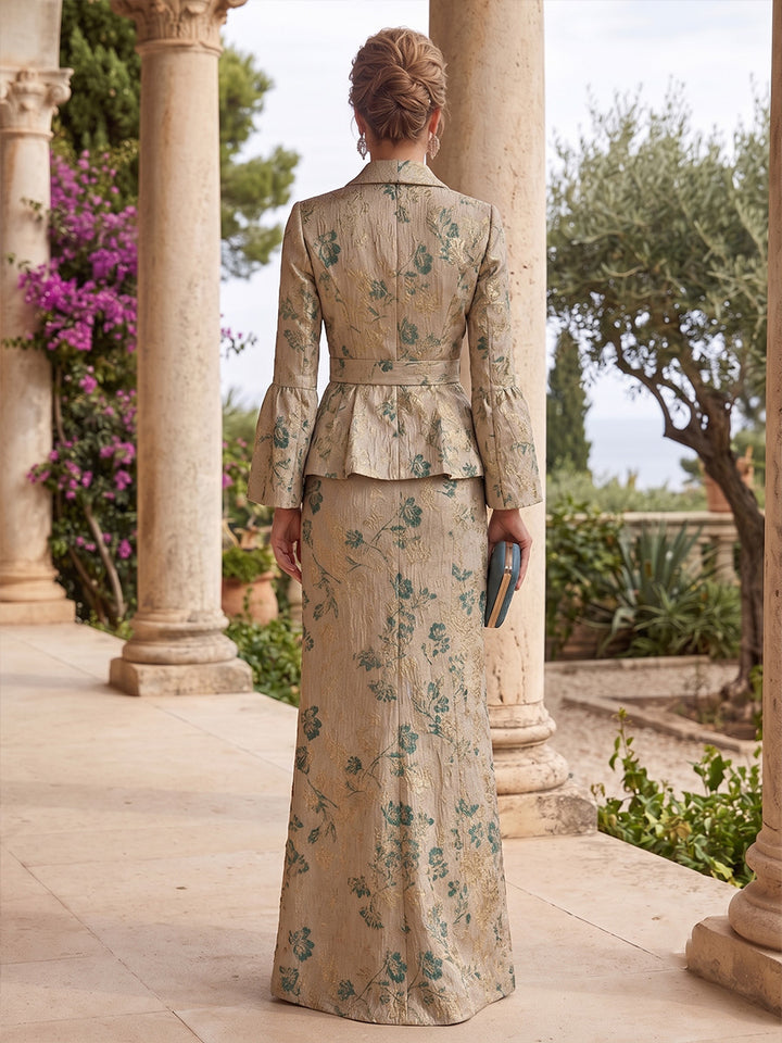 Jacquard Mermaid V Neck Belted Wais Side Slit Mother of the Bride Dresses