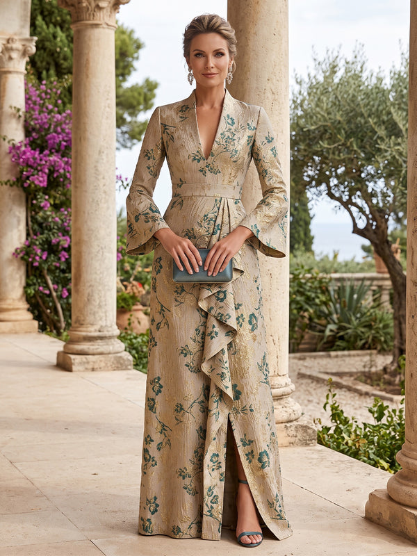 Jacquard A Line Stand Collar Ruffles Deep V Neckline Mother of the Bride Dresses