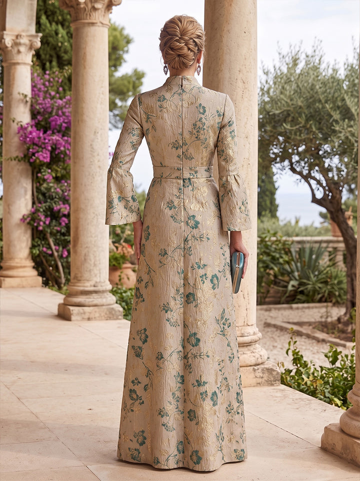 Jacquard A Line Stand Collar Ruffles Deep V Neckline Mother of the Bride Dresses
