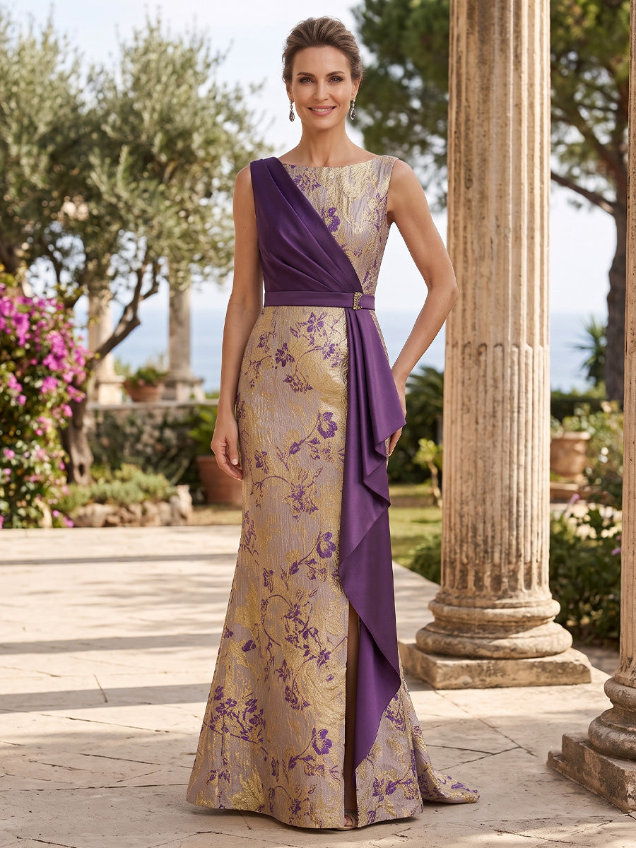Jacquard Mermaid Jewel Neck Ruffles Embellished Waist Belt Mother of the Bride Dresses