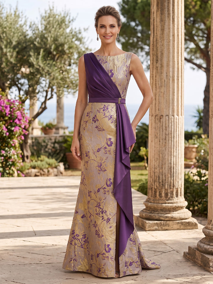Jacquard Mermaid Jewel Neck Ruffles Embellished Waist Belt Mother of the Bride Dresses