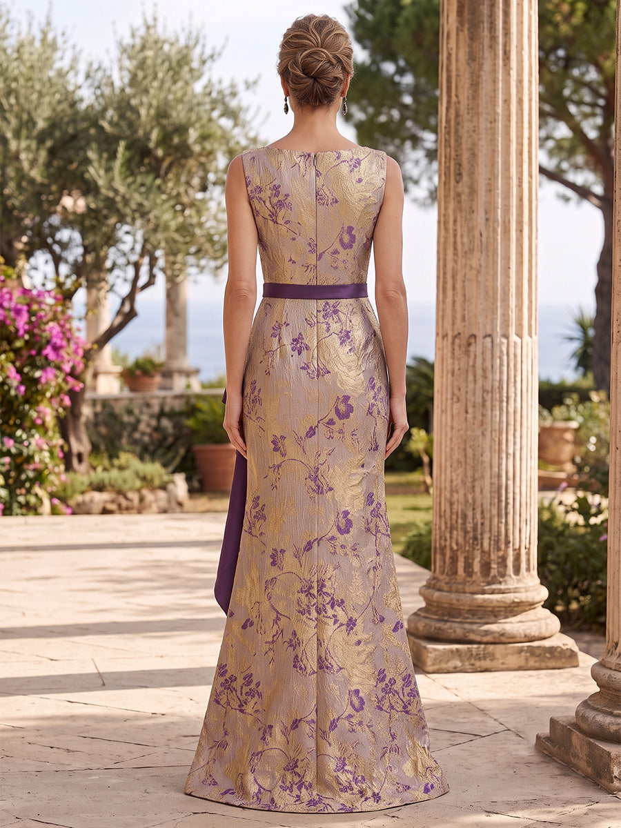 Jacquard Mermaid Jewel Neck Ruffles Embellished Waist Belt Mother of the Bride Dresses