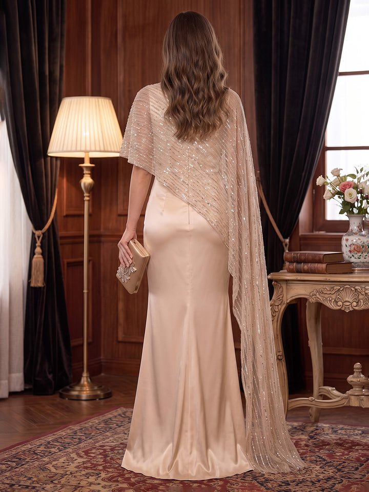 Satin Mermaid Halter with Cape Sash Mother of the Bride Dresses