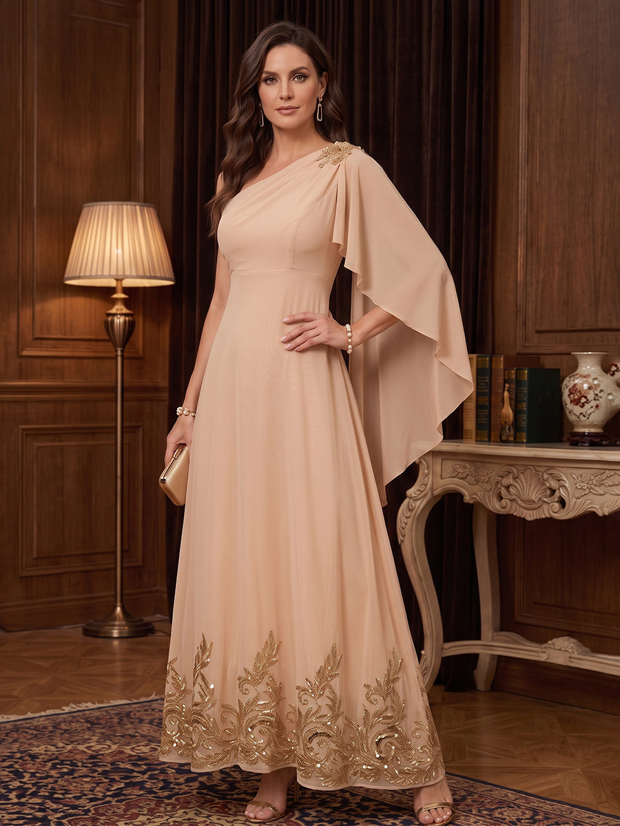 Chiffon A Line One Shoulder Cape Sleeves High Waist Mother of the Bride Dresses