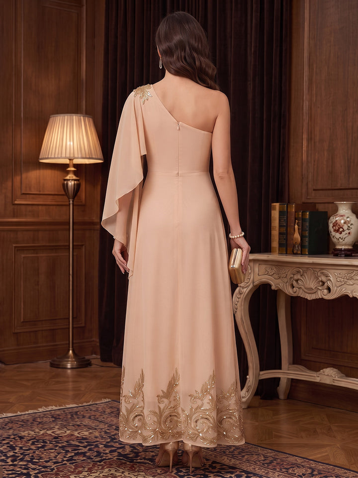 Chiffon A Line One Shoulder Cape Sleeves High Waist Mother of the Bride Dresses
