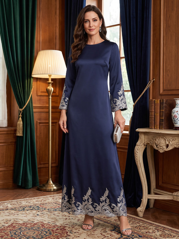 Satin A Line Round Neck Sequin Embroidery High Waist Mother of the Bride Dresses