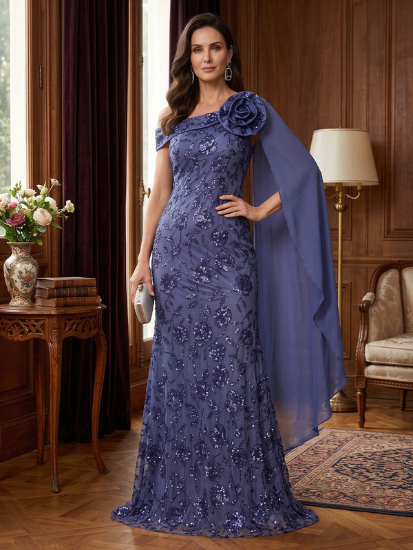 Sequin Embroidery A Line Off the Shoulder Sequin Embroidery 3D Flower Accent Mother of the Bride Dresses