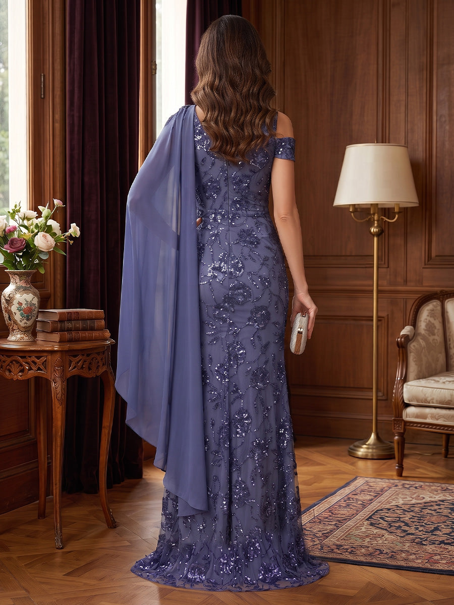 Sequin Embroidery A Line Off the Shoulder Sequin Embroidery 3D Flower Accent Mother of the Bride Dresses