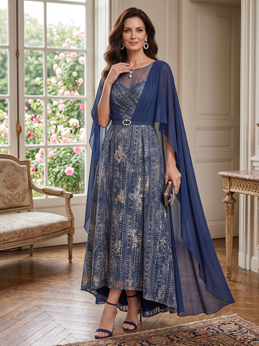 Metallic Fabric A Line Jewel Neck Cape Sleeves High Waist Mother of the Bride Dresses