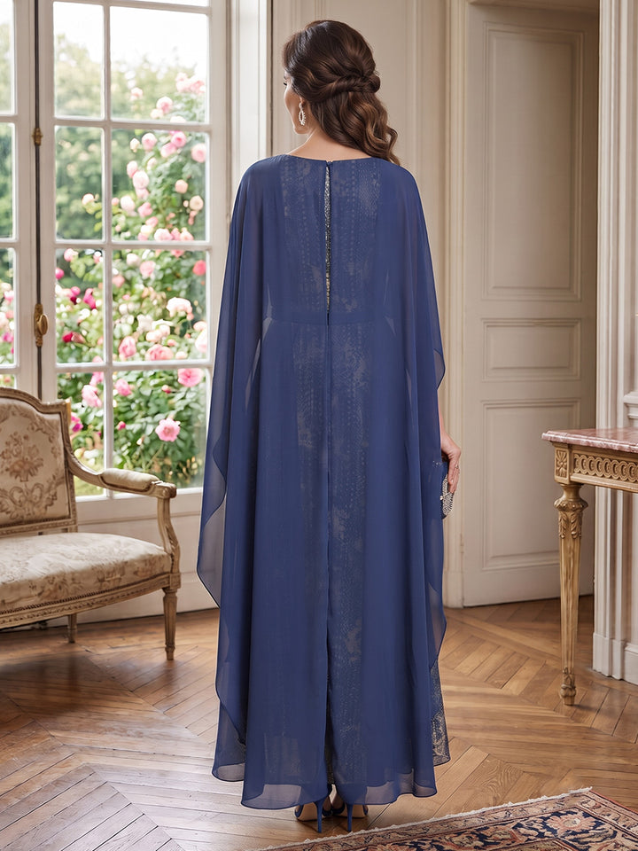 Metallic Fabric A Line Jewel Neck Cape Sleeves High Waist Mother of the Bride Dresses