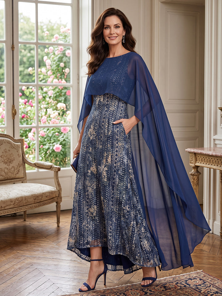 Metallic Fabric A Line Jewel Neck with Cape with Pockets Mother of the Bride Dresses