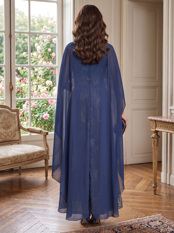 Metallic Fabric A Line Jewel Neck with Cape with Pockets Mother of the Bride Dresses
