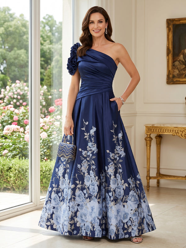 Satin A Line One Shoulder Ruched Bodice 3D Flower Accent Mother of the Bride Dresses