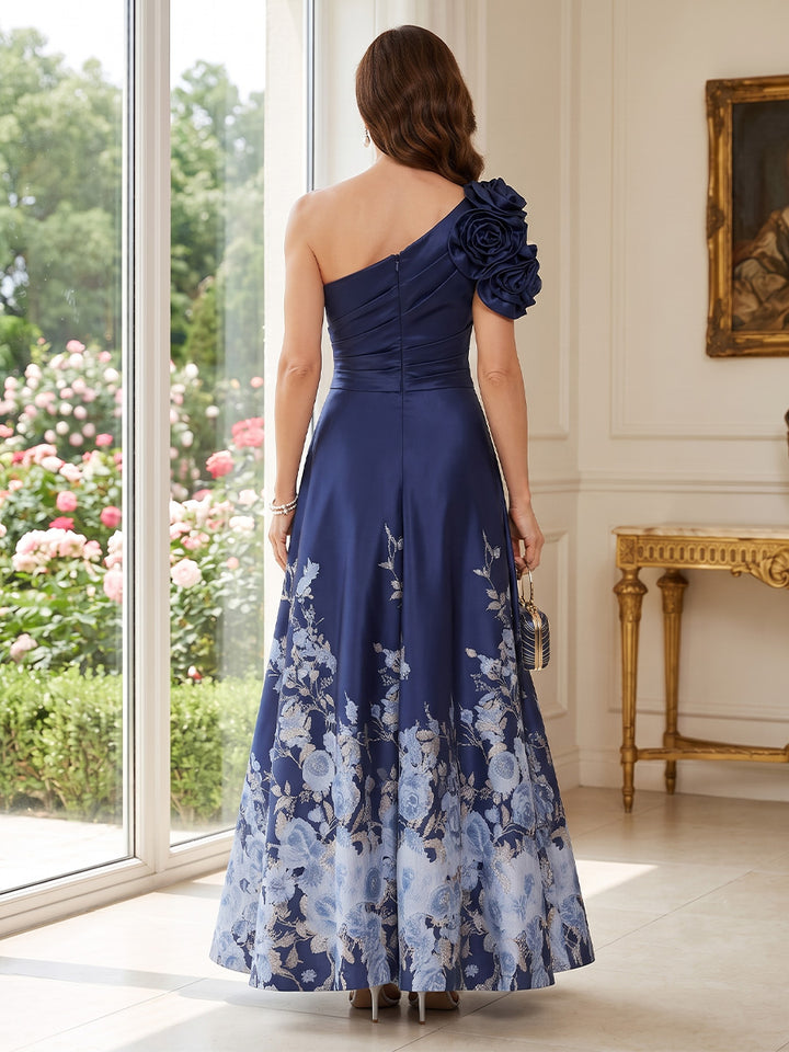Satin A Line One Shoulder Ruched Bodice 3D Flower Accent Mother of the Bride Dresses