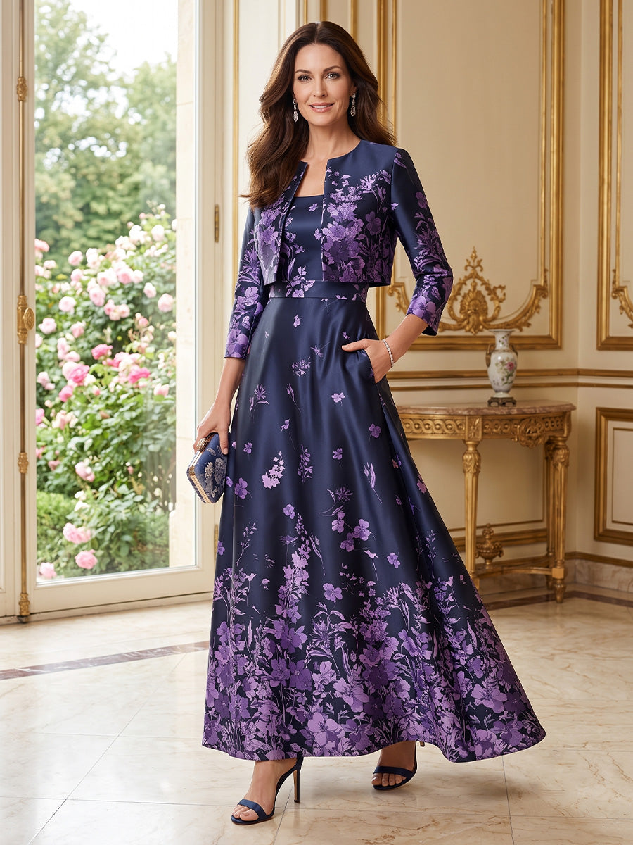 Satin A Line Round Neck Floral Print 2 Pieces Mother of the Bride Dresses