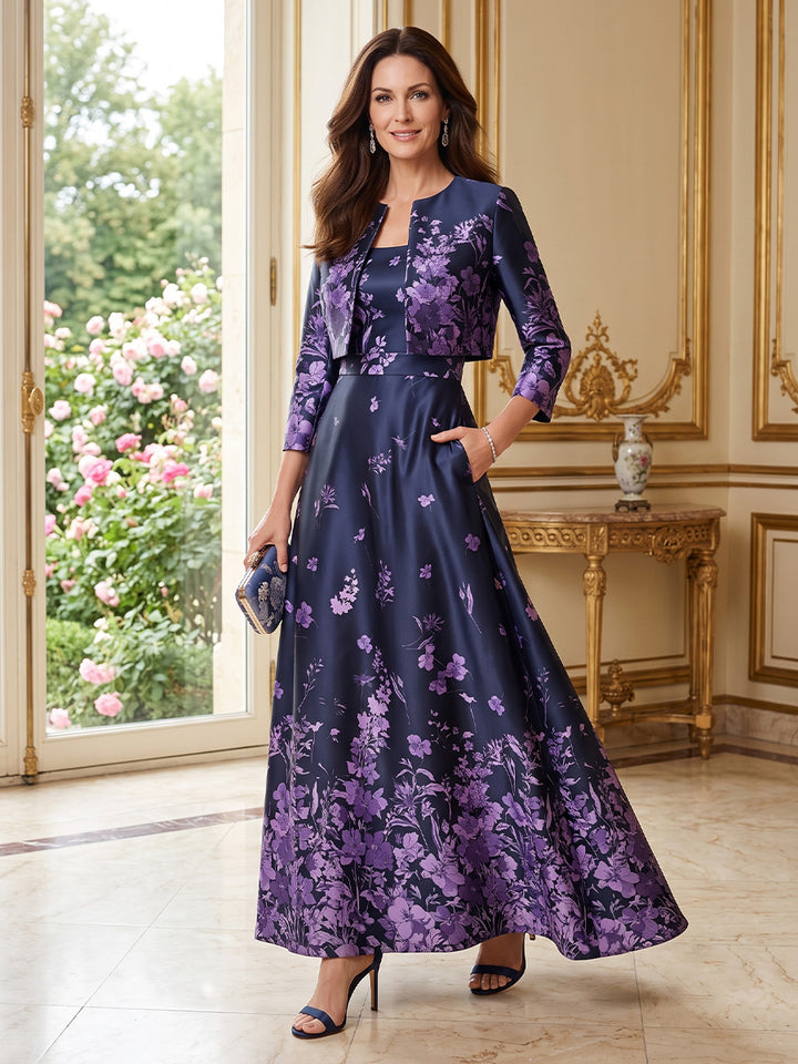 Satin A Line Round Neck Floral Print 2 Pieces Mother of the Bride Dresses