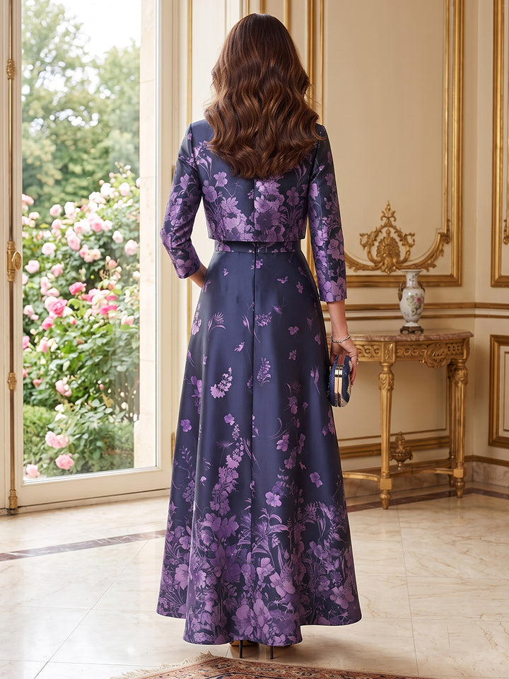 Satin A Line Round Neck Floral Print 2 Pieces Mother of the Bride Dresses