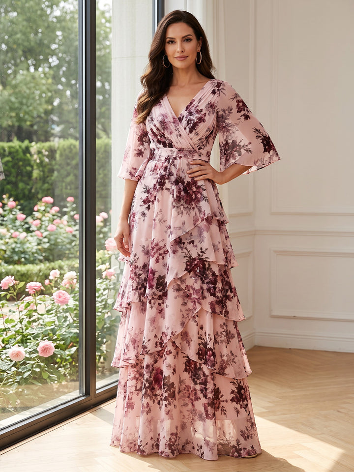 Chiffon A Line V Neck Floral Print Tiered Mother of the Bride Dresses