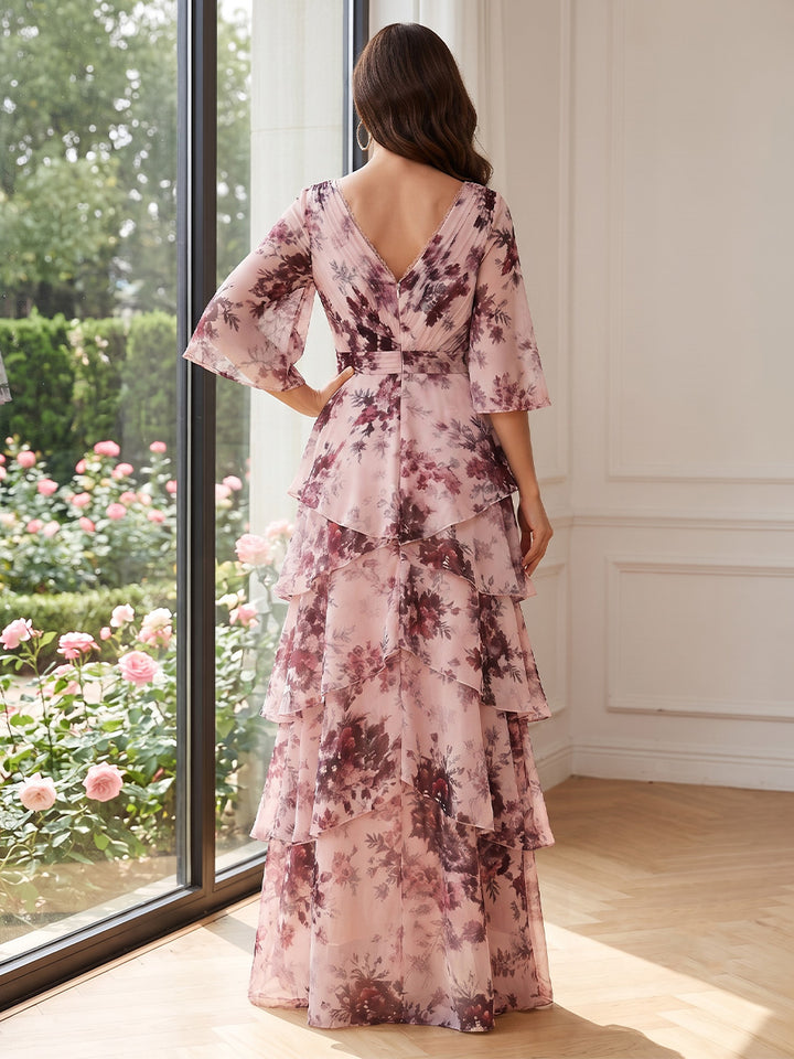 Chiffon A Line V Neck Floral Print Tiered Mother of the Bride Dresses