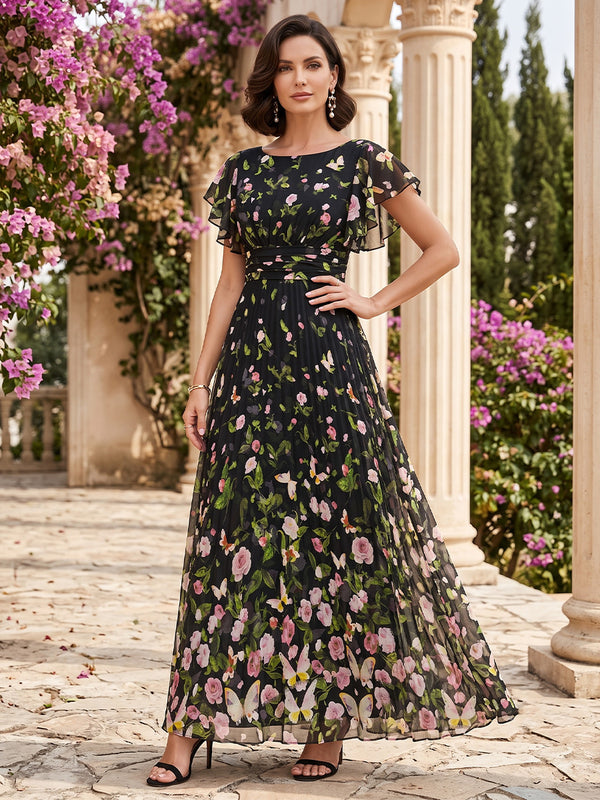 Chiffon A Line Jewel Neck Ruffles Sleeves Floral Print Mother of the Bride Dresses