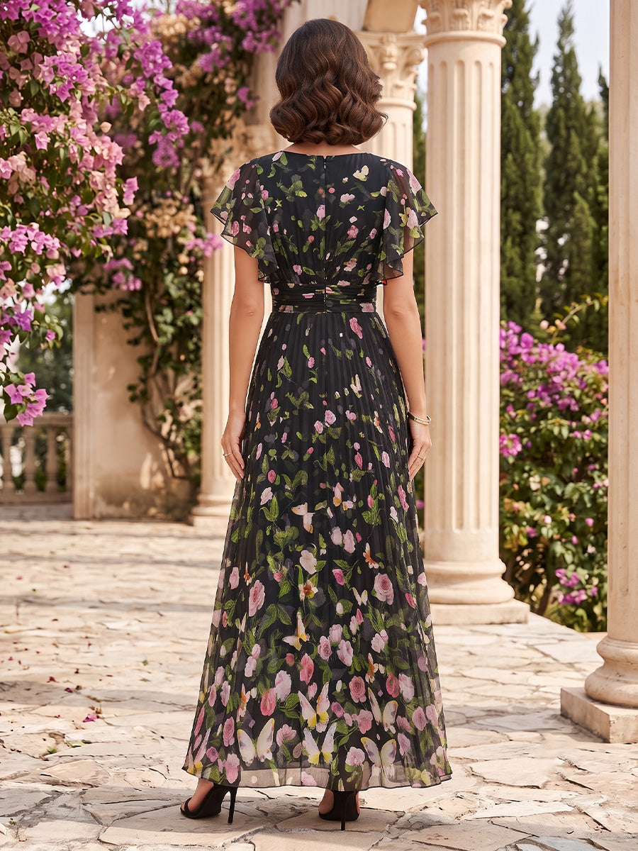 Chiffon A Line Jewel Neck Ruffles Sleeves Floral Print Mother of the Bride Dresses