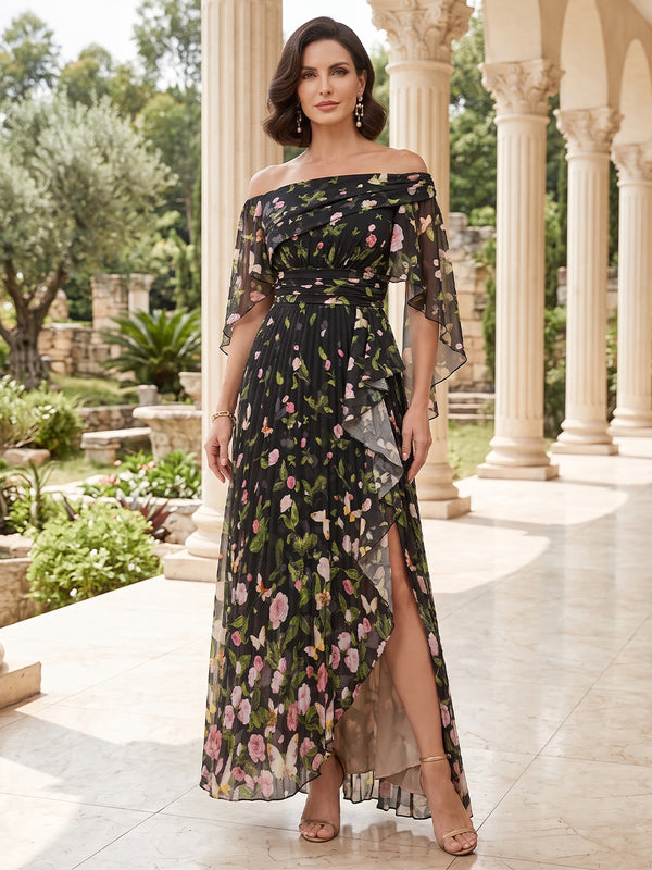Chiffon A Line Off the Shoulder Ruffles Sleeves Ruched Waist Mother of the Bride Dresses