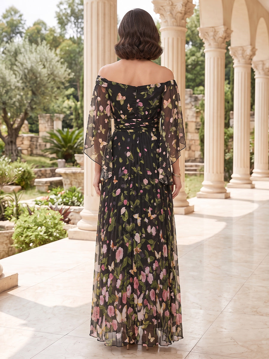Chiffon A Line Off the Shoulder Ruffles Sleeves Ruched Waist Mother of the Bride Dresses