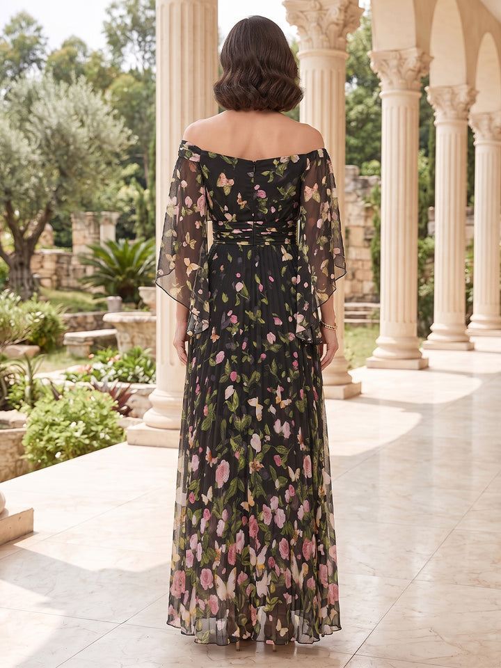 Chiffon A Line Off the Shoulder Ruffles Sleeves Ruched Waist Mother of the Bride Dresses