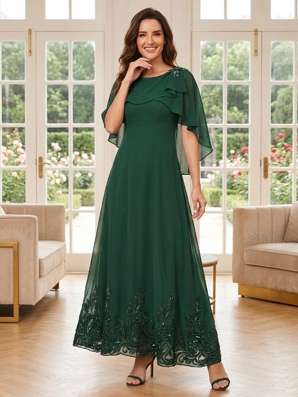 Sequin A Line Jewel Neck with Cape  Mother of the Bride Dresses
