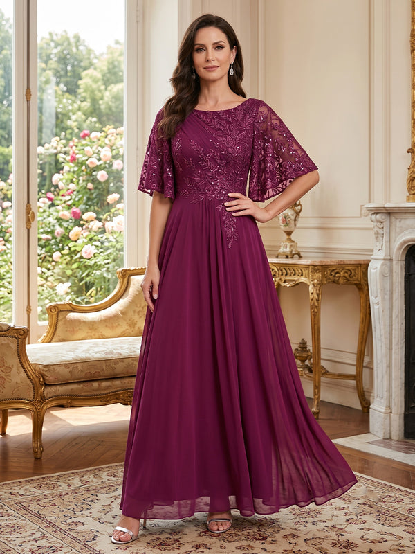 Sequin A Line Jewel Neck Sequin Floral  Mother of the Bride Dresses