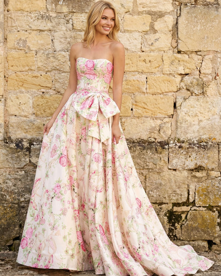 Satin Strapless Floral Maxi Prom Dresses with Bow