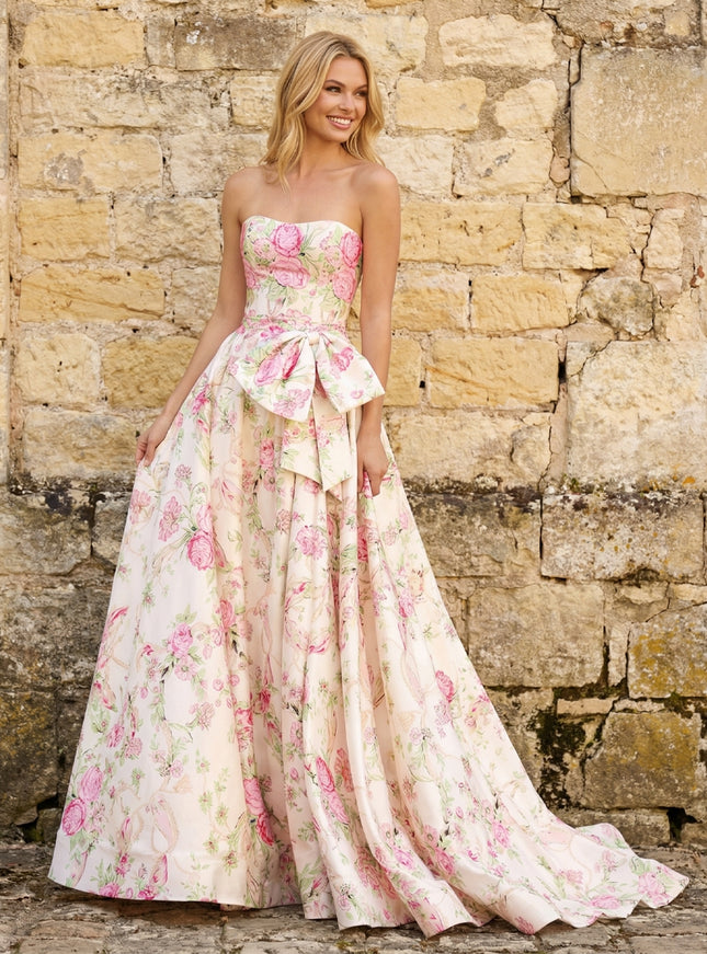 Satin Strapless Floral Maxi Prom Dresses with Bow