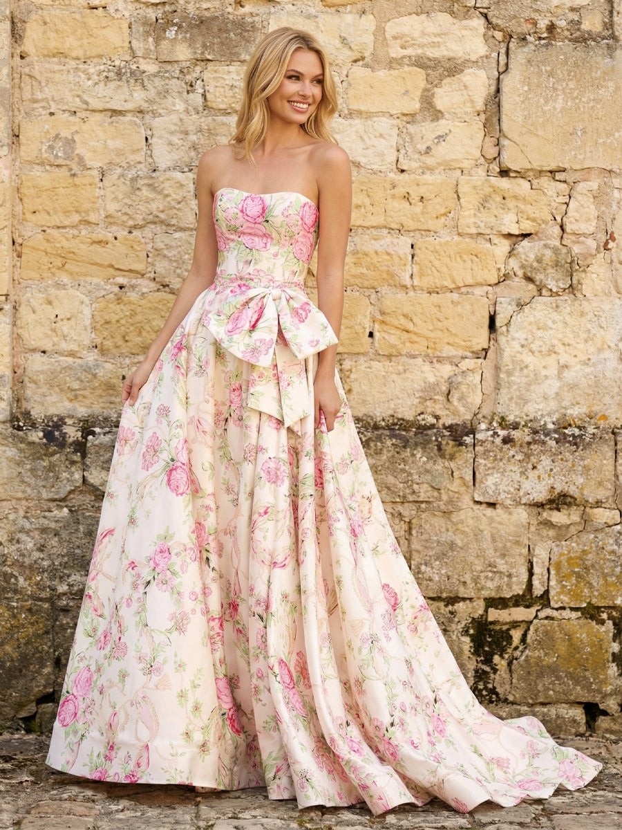 Satin Strapless Floral Maxi Prom Dresses with Bow