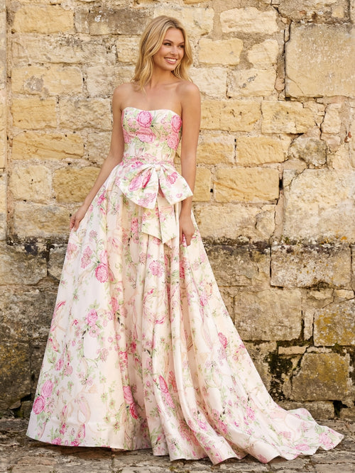 Satin Strapless Floral Maxi Prom Dresses with Bow