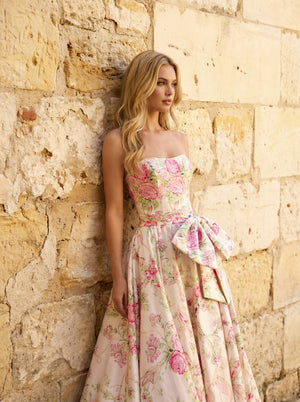 Satin Strapless Floral Maxi Prom Dresses with Bow