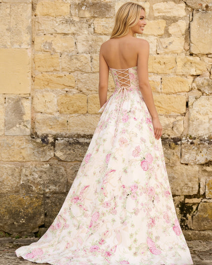 Satin Strapless Floral Maxi Prom Dresses with Bow