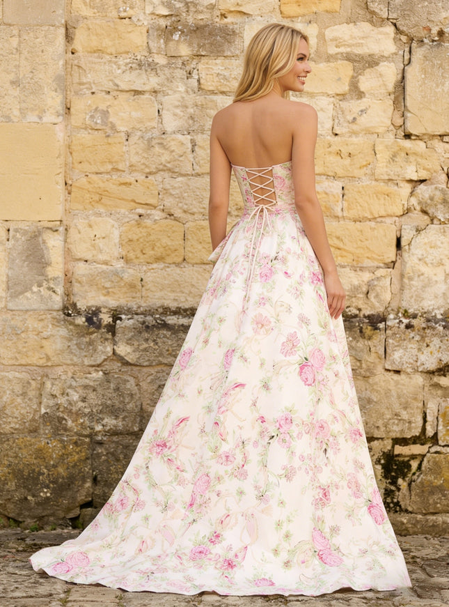 Satin Strapless Floral Maxi Prom Dresses with Bow