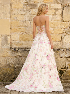 Satin Strapless Floral Maxi Prom Dresses with Bow