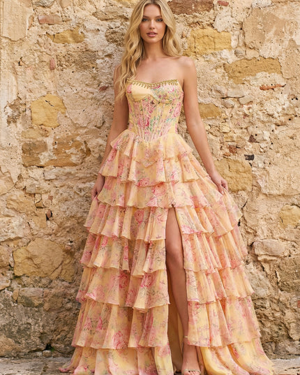 Chiffon Corset Strapless Floral Tiered Maxi Prom Dresses with Slit